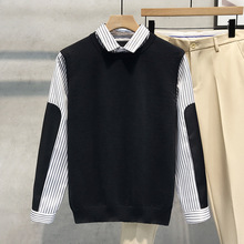 秋冬季新款假两件毛衣男士长袖条纹拼接韩版青年修身衬衫领针织衫