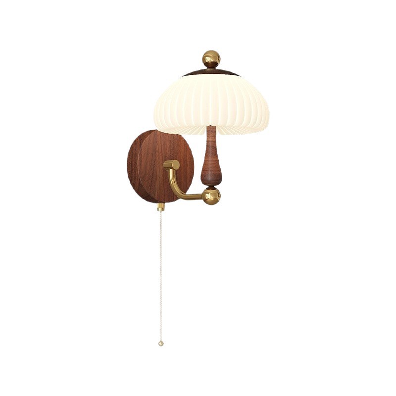 Lámpara de pared retro de grano de madera de nogal junto a la cama de estilo antiguo, hongo creativo, protección ocular de espectro completo, lámpara de pared de fondo de dormitorio de sala de estar