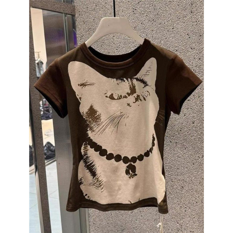 [210g 40 Count Fine Cotton 1*1] Korean Coffee Color Kitten Printed Short-Sleeved T-Shirt for Women with Unique Design