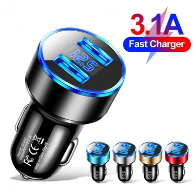 15W 2USB Display car charger one-on-two cigarette lighter car phone charger Aluminum Alloy Digital Display car charger