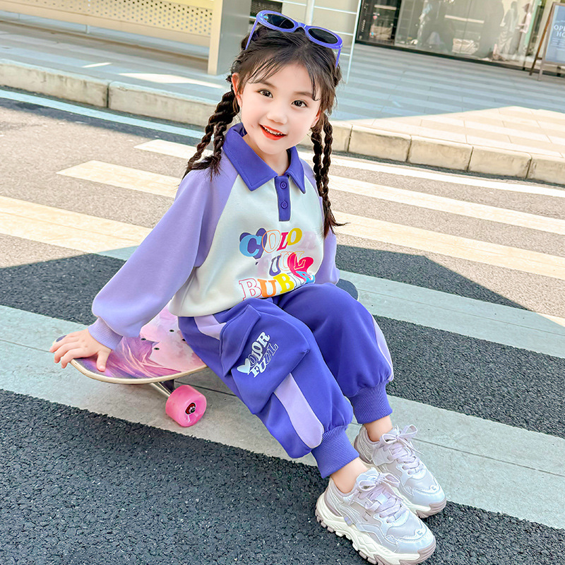 소녀 세트 봄과 가을 2024 새로운 패션 어린 소녀 스포츠 스타일 편지 POLO 중소형 어린이를위한 투피스 세트