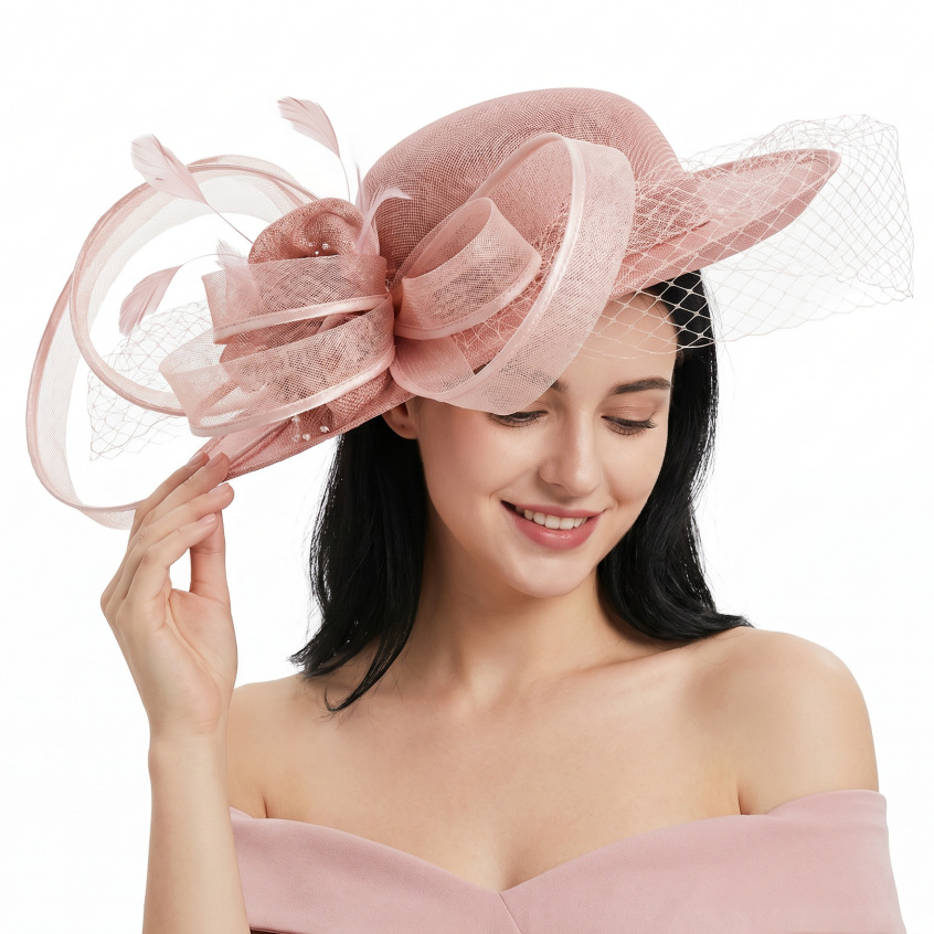 European and American Style Exaggerated Mesh Veil Wedding Party Wide-Brimmed Hat for Women, Large Brim Sun Protection Hat
