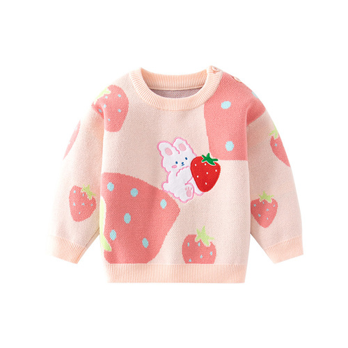 Strawberry Small Rabbit Knitted Girl's Sweater 100% Cotton Category A Baby Knitted Sweater Spring and Autumn Season Girl's Base Layer Sweater