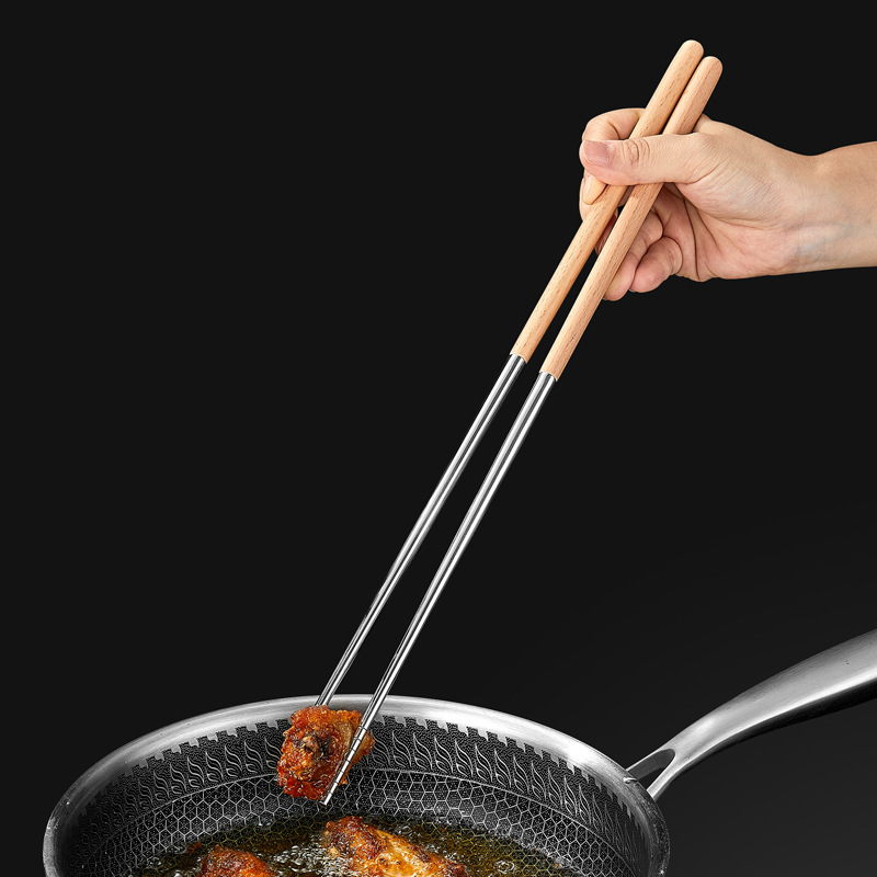 Palillos de acero inoxidable 304 316 Palillos fritos alargados con mango de madera Palillos antideslizantes domésticos Palillos de olla caliente de restaurante Palillos largos de madera maciza