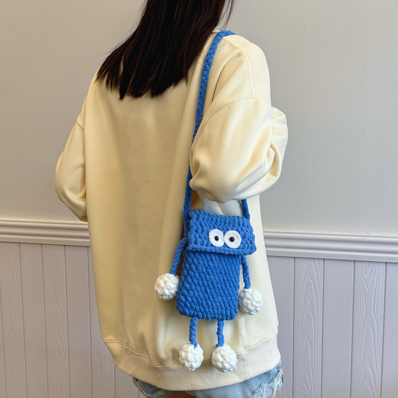 Cross-border Autumn New Small Bag Women's Mobile Phone Bag Blue Knitted Cartoon Personality Doll Crossbody Bag Fried Street Bag
