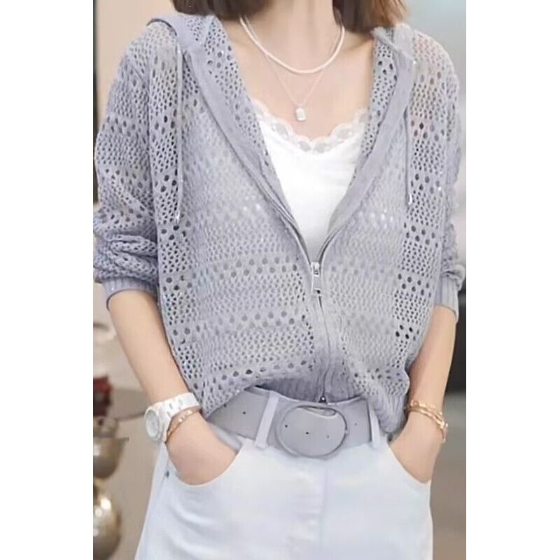 Hooded Hollow-Out Zipper Knit Cardigan 2026 Spring and Autumn Exquisite Sweater for Women, Fashionable Casual Long-Sleeve Loose Top
