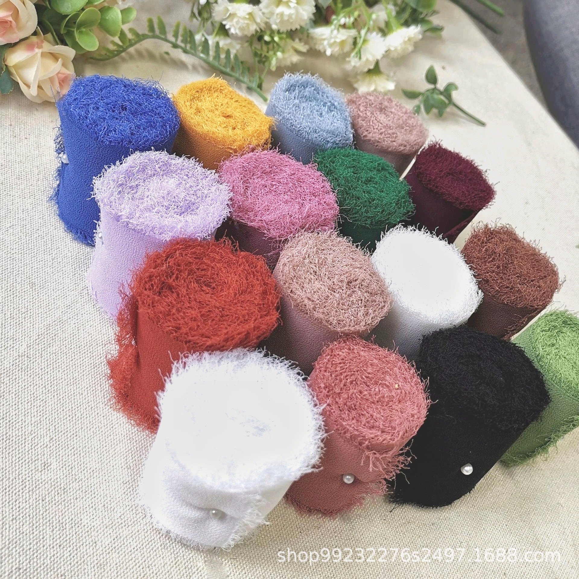 珍珠雪纺丝带3.8cm×7码(1.5"×7Y)手撕毛边鲜花婚礼绑带婚庆用品