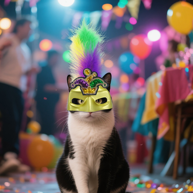 Nuevas máscaras de gatos transfronterizas, pilares, plumas tricolores, fiesta de carnaval brasileño, dibujos animados, props para mascotas