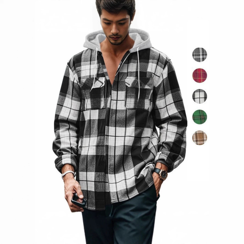 Cross-Border American-Style Slim-Fit Retro Plaid Shirt, Autumn and Winter Men's Hooded Flannel Jacquard Shirt, Trendy Casual Shirt
