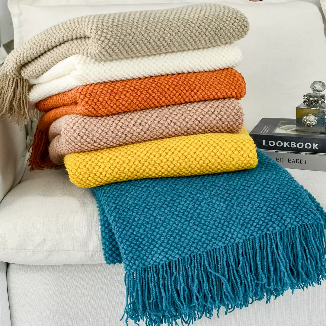 C11玉米粒休闲毯纯色针织毯民宿酒店床尾搭毯办公室毯子航空毯