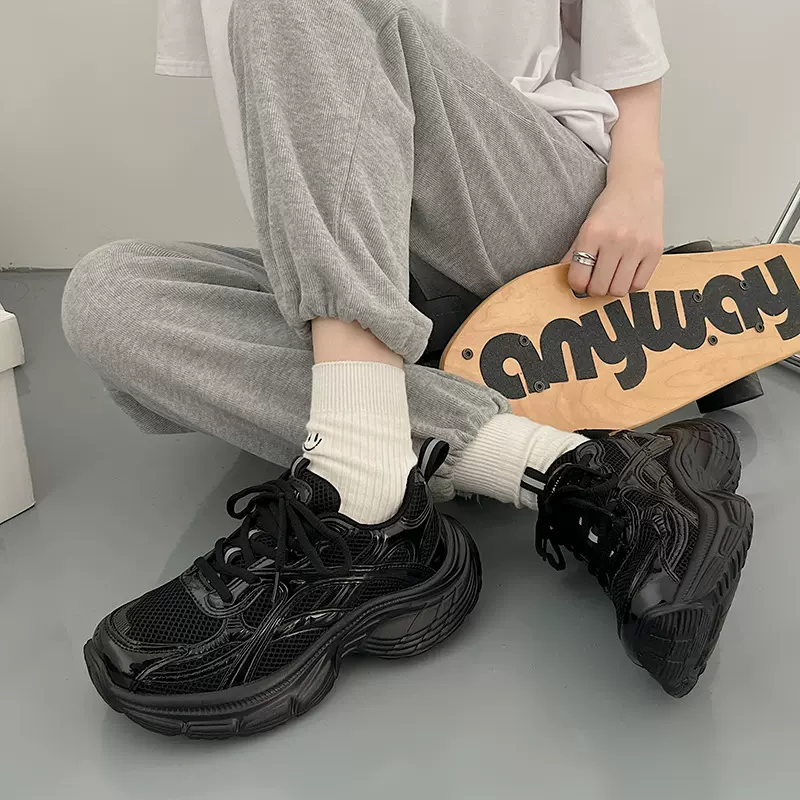 复古老爹鞋2024年夏季厚底增高百搭休闲运动鞋女网面黑色休闲男款