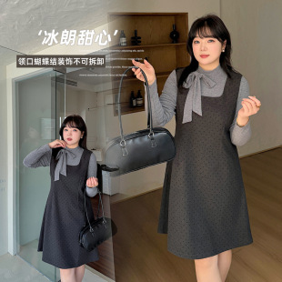 chubby girl Polo Dot Lace-up Bow Vest Skirt Two-piece Set 2025 Spring New Sweet A- shaped suit 112064