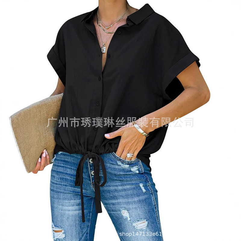 2024 Amazon European and American Foreign Trade Women's Summer New Casual Buttoned Shirt Lapel Bat Wings Short Sleeve Top