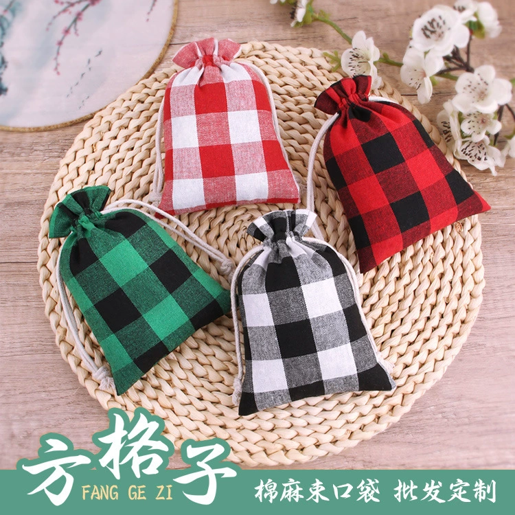 Черно-белая клетчатая хлопковая льняная Рождественская Подарочная сумка костюм Конфеты Шоколадная упаковка для ювелирных изделий Рождественская подарочная сумка