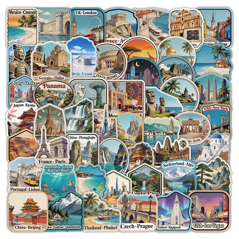 60 Pieces of World Travel Stickers, Global City Scenery Landmarks, Popular Tourist Attractions from Various Countries, DIY Decoration for Journals
