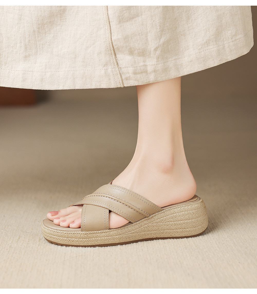 Dép sandal nữ quai chéo hở ngón đế dày da cừu — màu trắng ngà chi tiết 15