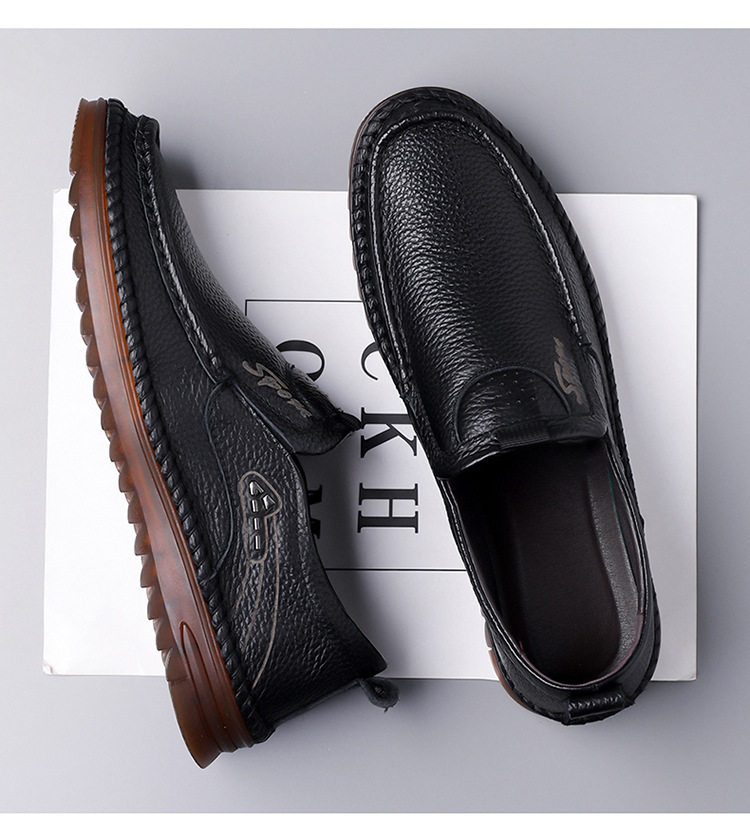 Giày lười nam da bò lớp đầu cỡ lớn, mũi tròn, đế bằng, phong cách casual — Màu nâu, Màu trắng ngà, màu đen chi tiết 28