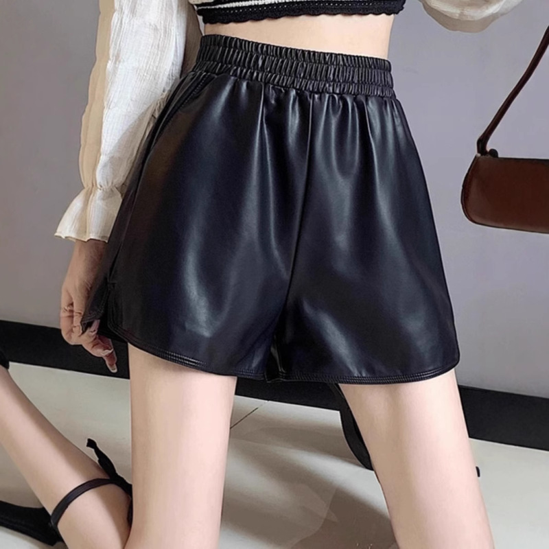 Shorts Women's Autumn and Winter 2025 New High Waist plus size Loose A- line Pants PU Leather Black Wide-leg Boots Pants