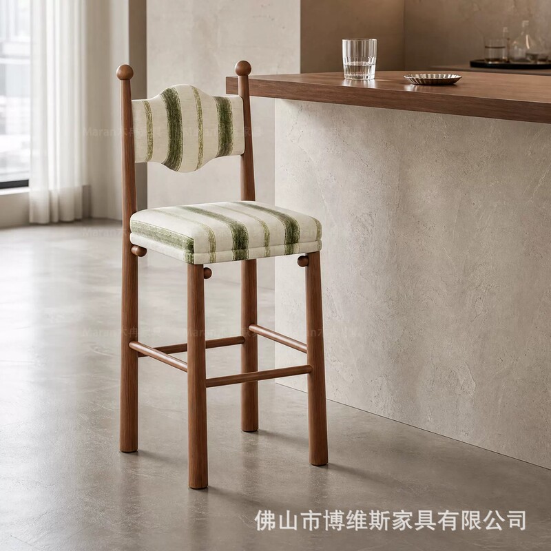 Nordic-style solid wood high-back chairs, suitable for home dining rooms and bars, featuring striped fabric upholstery and a modern, minimalist design Nordic-style solid wood high-back chairs, suitable for home dining rooms and bars, featuring striped fabric upholstery and a modern, minimalist design