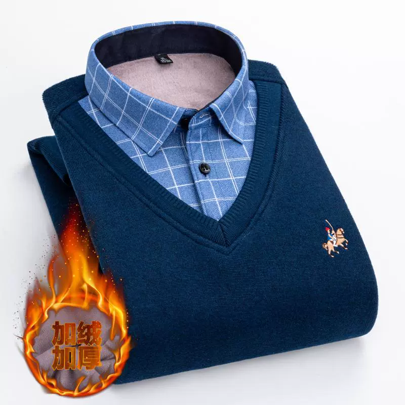 Зимняя рубашка Поддельные двое мужчин, пуловер с длинным рукавом, свитер с вышивкой на флисовой подкладке, утепленная теплая Повседневная трикотажная рубашка