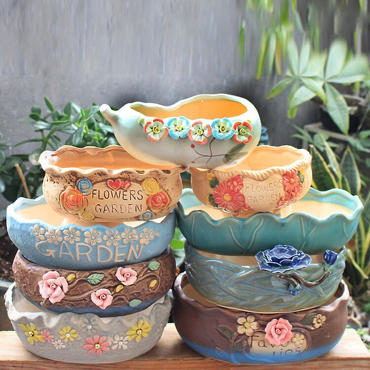 Large Diameter Ceramic Succulent Plant Pot, Coarse Pottery Extra-Large Flower Pot for Home Use