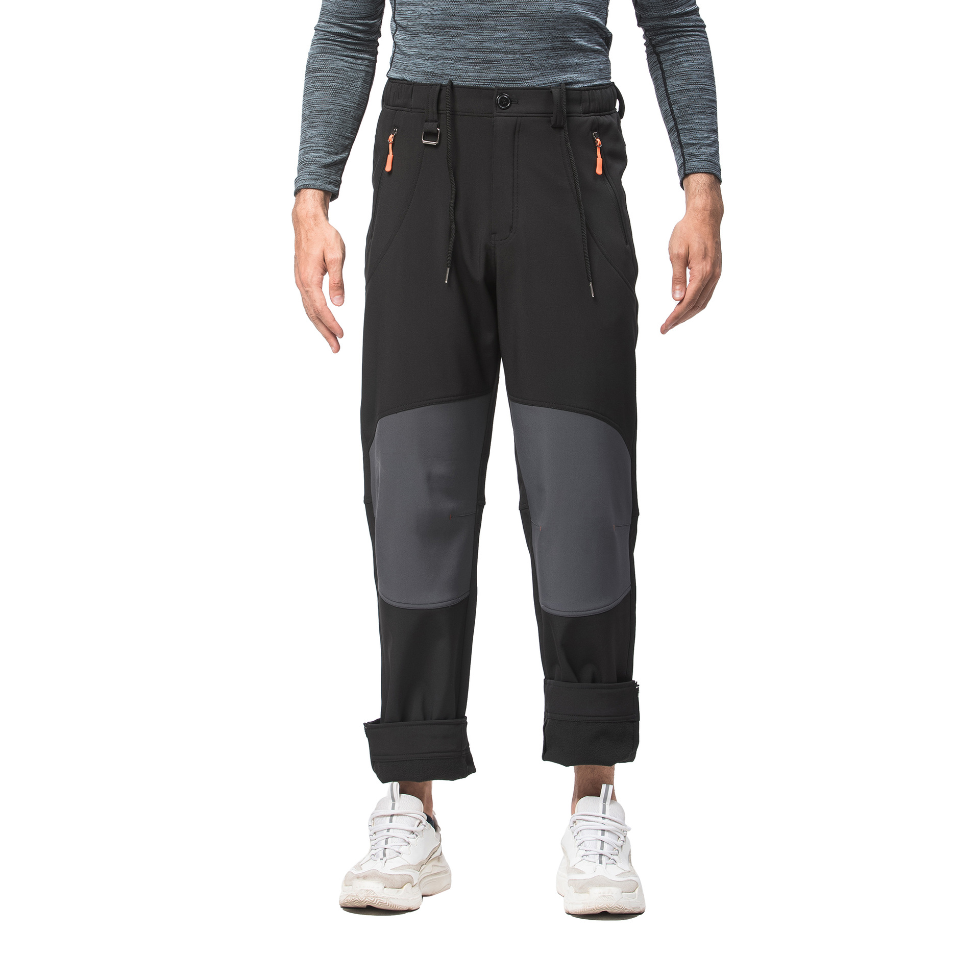 美码男士外贸大码拼接纯色长裤户外运动加绒带脚口拉链口袋冲锋裤