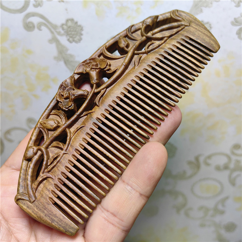 13-14センチ緑檀木櫛両面彫刻喜上眉先太陽花プレゼント美容櫛精品彫刻櫛|undefined