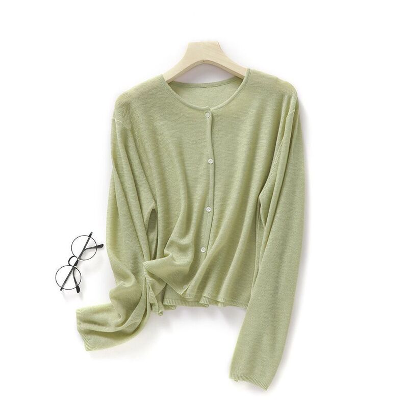Green Cardigan Women's New Summer Loose Outer Shawl Sun Protection Air-Conditioning Shirt Thin Round Neck Jacket