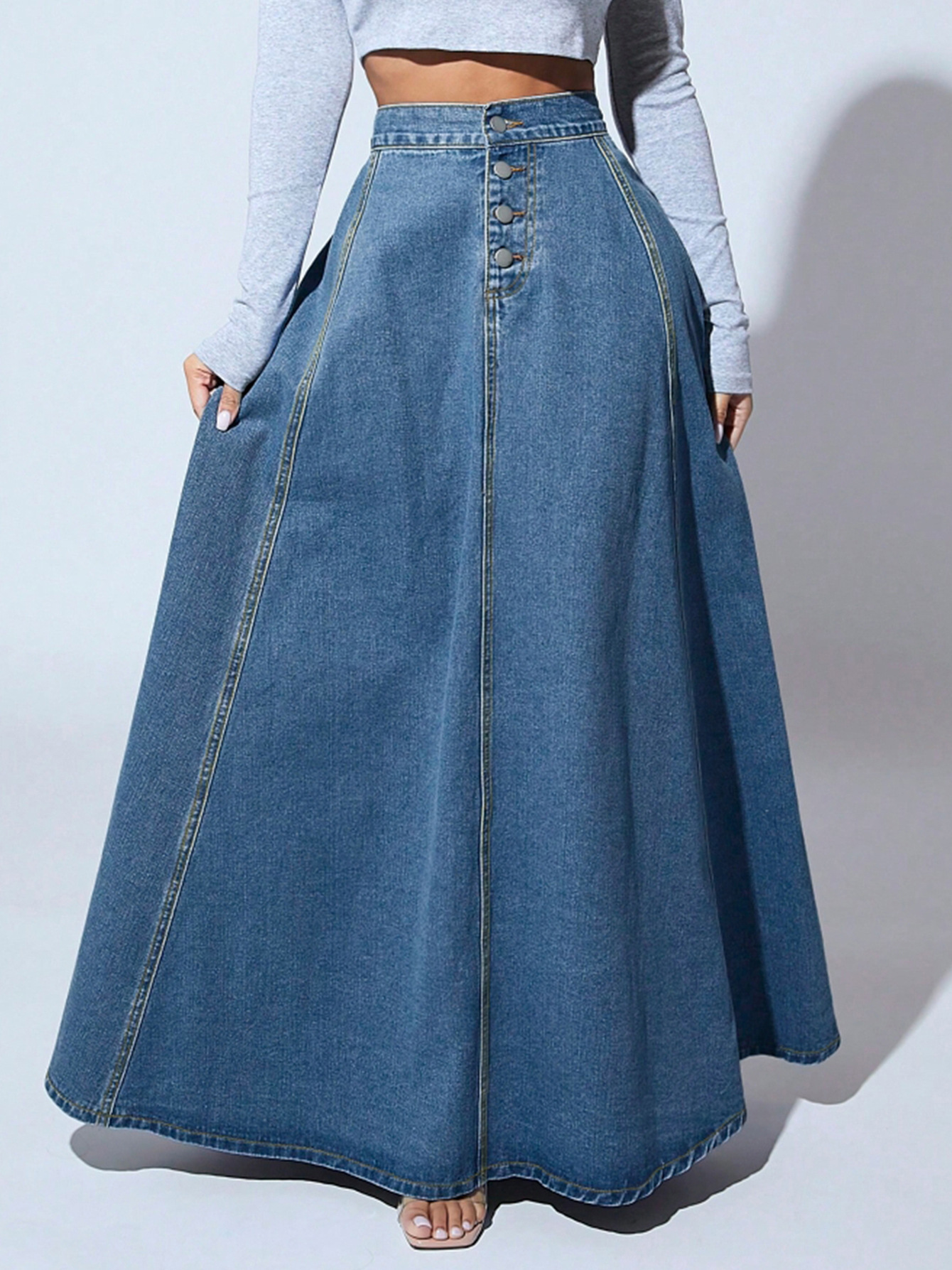 Solid Color Pattern 2025 Spring And Summer Streetwear Solid Color Cotton Denim Maxi Long Dress Skirts
