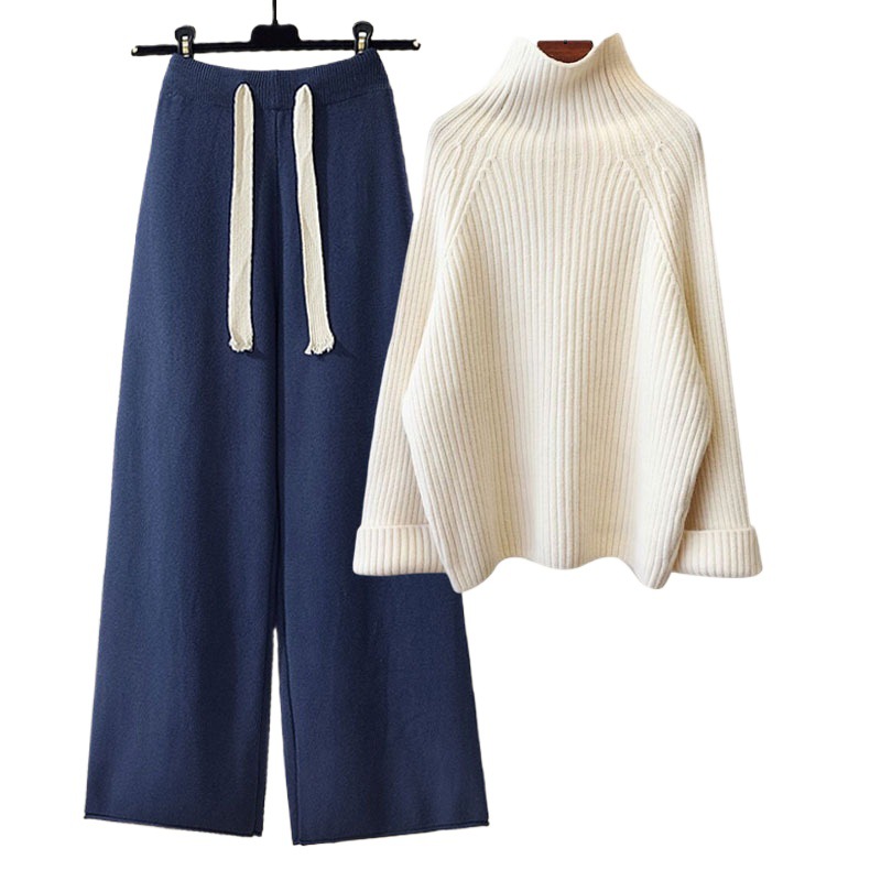 Kadın Giyim tembel tarzı takım elbise kadınlar için yeni sonbahar ve kış kalınlaştırılmış kalın yün örgü kazak dökümlü geniş paça pantolon iki parçalı takım_voghion.com