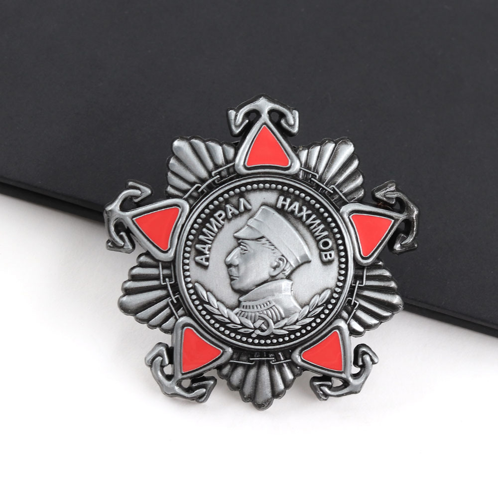 Replica of the Soviet Nakhimov Medal, Vintage Distressed Craftsmanship, Red Enamel Commemorative Badge Collection Pin