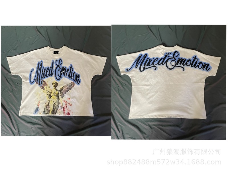 MIXED EMOTION レトロホットダイヤモンドプリントロゴ美しいトレンディなラウンドネックルーズカジュアル半袖Tシャツ男性と女性用|undefined