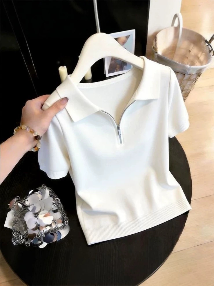 Áo thun polo nữ thiết kế dây kéo phong cách trẻ trung — trắng