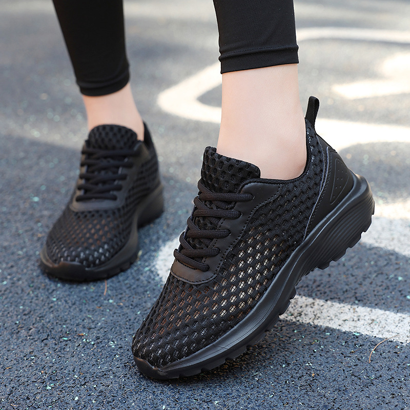 Summer New Women's Shoes Black Thin Sports Shoes Women's Hollow Breathable Mesh Shoes Not Tiring Feet Middle-Aged Work Shoes