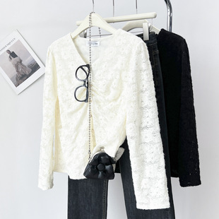 Spring New Large Size 100kg Fat Sister Korean Style Elegant Lace V Neck Long-Sleeved Bottoming Shirt Top 6229