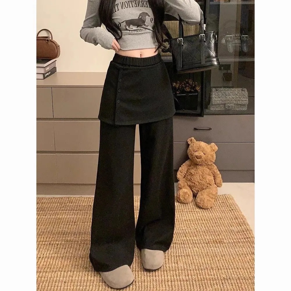 Korean Style Faux Two-Piece Butt Curtain Pants for Women 2025 Autumn and Winter New Fashionable Stylish Flared Knit Pants Casual Long Pants
