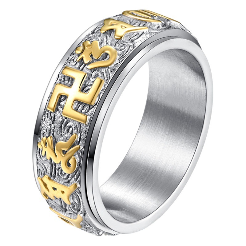 Escrituras budistas seis palabras mantra anillo de acero de titanio giratorio plateado Lotus auspicioso nube patrón seis palabras Ming Zong anillo