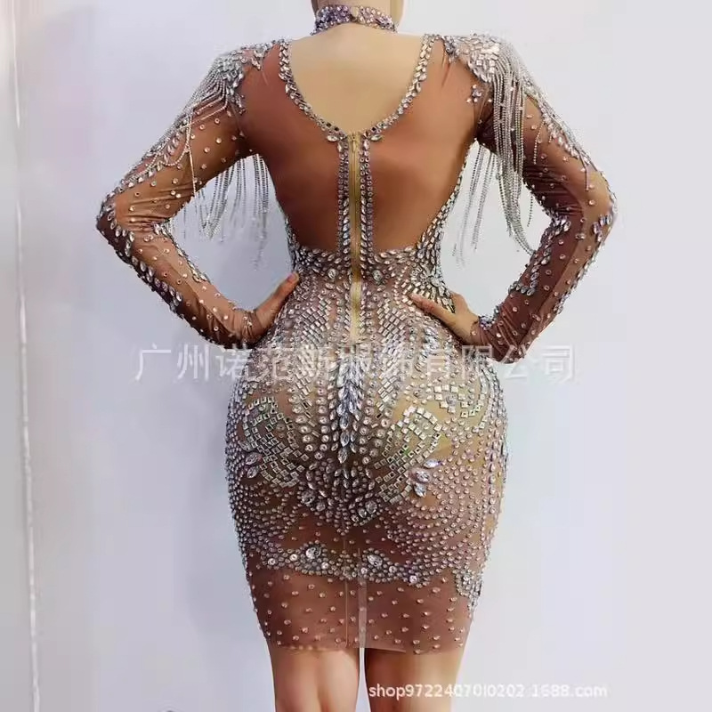 Cantante femenina MC modelo Dj adelgazar malla rhinestone borla falda de la cadera vestido ropa del funcionamiento etapa para las mujeres