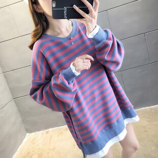 2023 all-match maternity sweater suit fake two-piece long sleeve loose Korean style striped top for women fleece-lined thickened