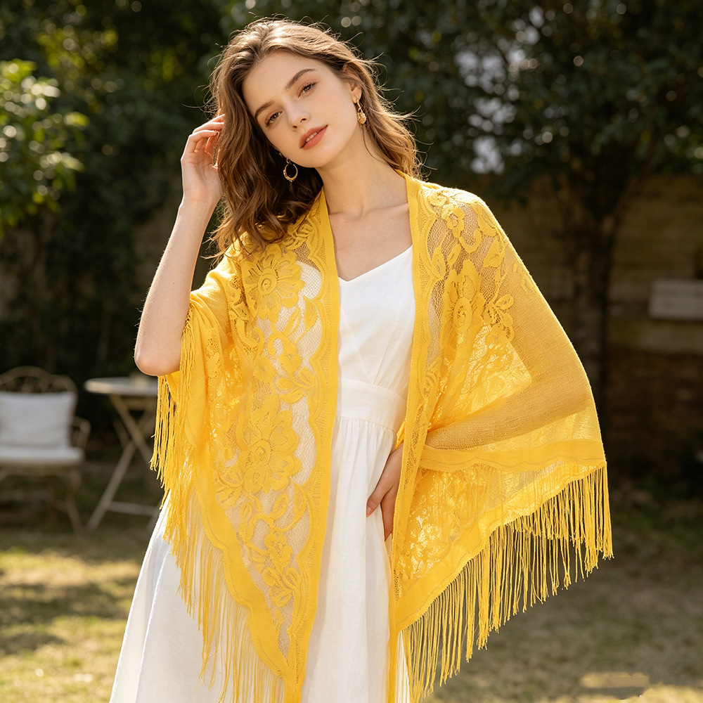 European and American simple versatile solid color hollow breathable tassel triangle scarf shawl for women, travel sun protection shawl