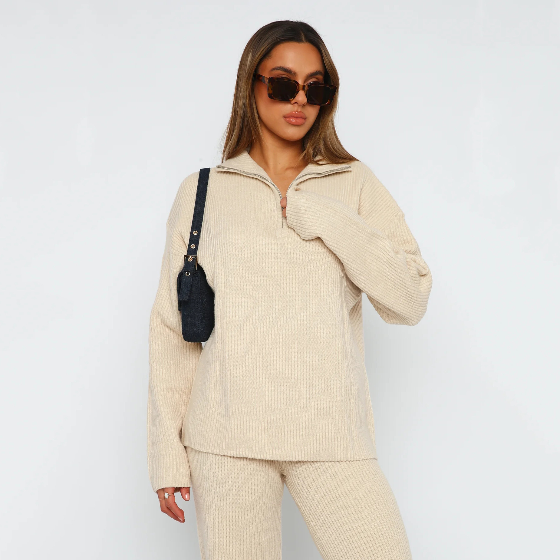 Damen Strick Zweiteiler Set Casual Langarm Pullover Und Hose_voghion.com