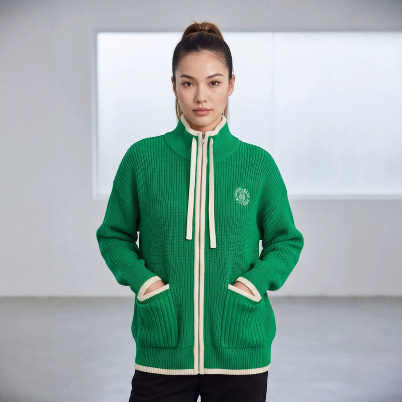 Cross-border women's clothing factory casual style zippered knitted cardigan with emerald green contrast trim, drawstring stand-up collar, embroidered sweater for women