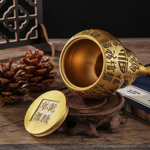 Pure brass Baifu gourd ornaments with upper and lower openings, hollow Fu word large gourds, living room wine cabinet decoration Fulu ornaments