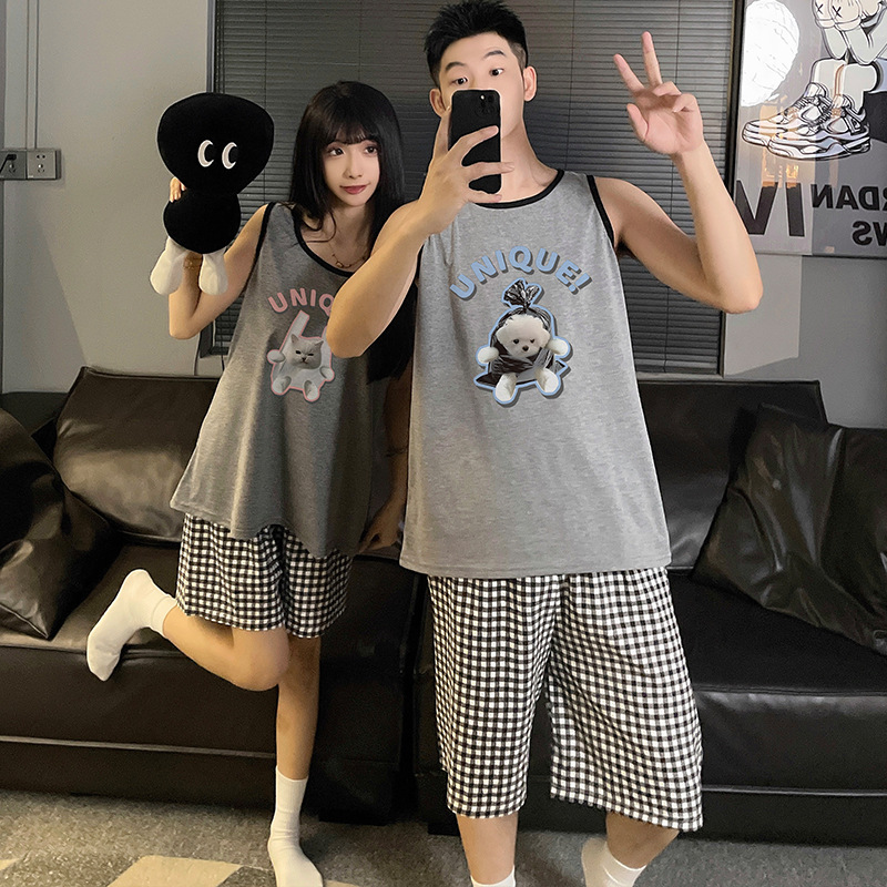 Perro a cuadros Pijamas de pareja Chaleco de verano para mujer Pantalones cortos de dos piezas Dibujos animados para estudiantes Ropa de casa para hombres Se puede usar afuera