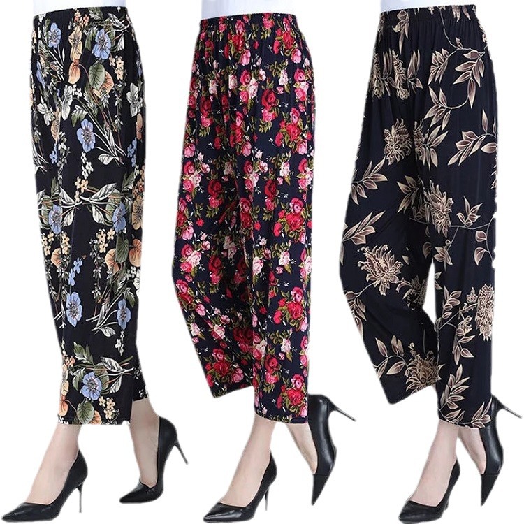 Mom's Pants Summer Ice Silk Nine-Point Floral Pants Wholesale Thin High-Waisted Casual Loose Fashion Middle-Aged and Elderly Women's Pants Cross-Border