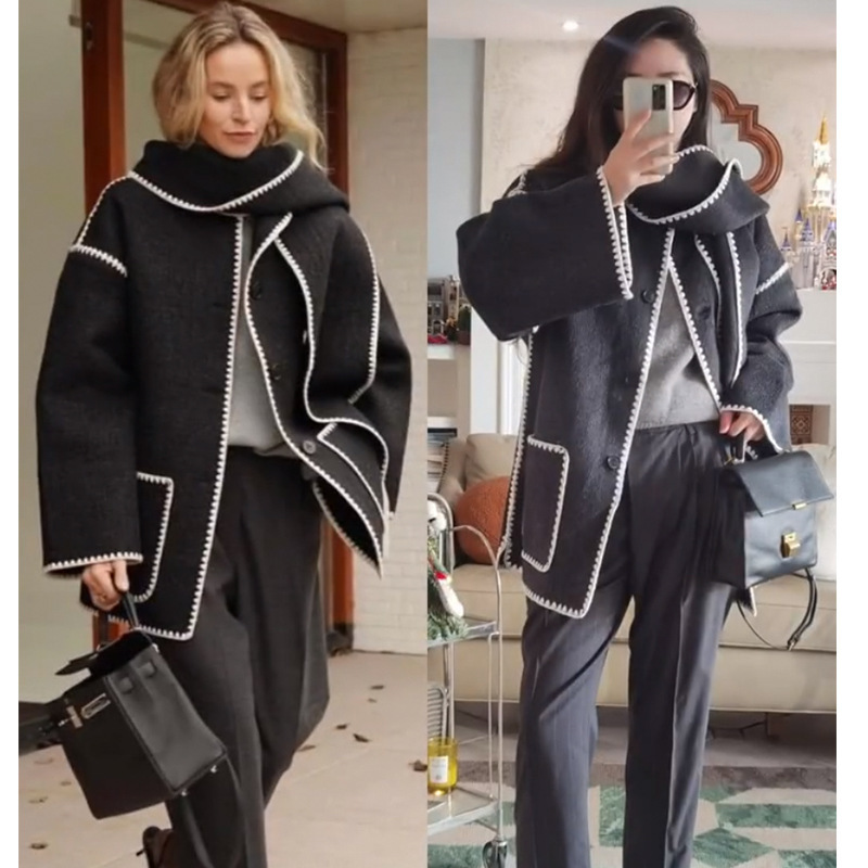 Heavy industry BI in! Nordic Designer Autumn Winter Scarf Collar Shell Line Double-Sided Woolen Coat Fashionable High-end Woolen Outer