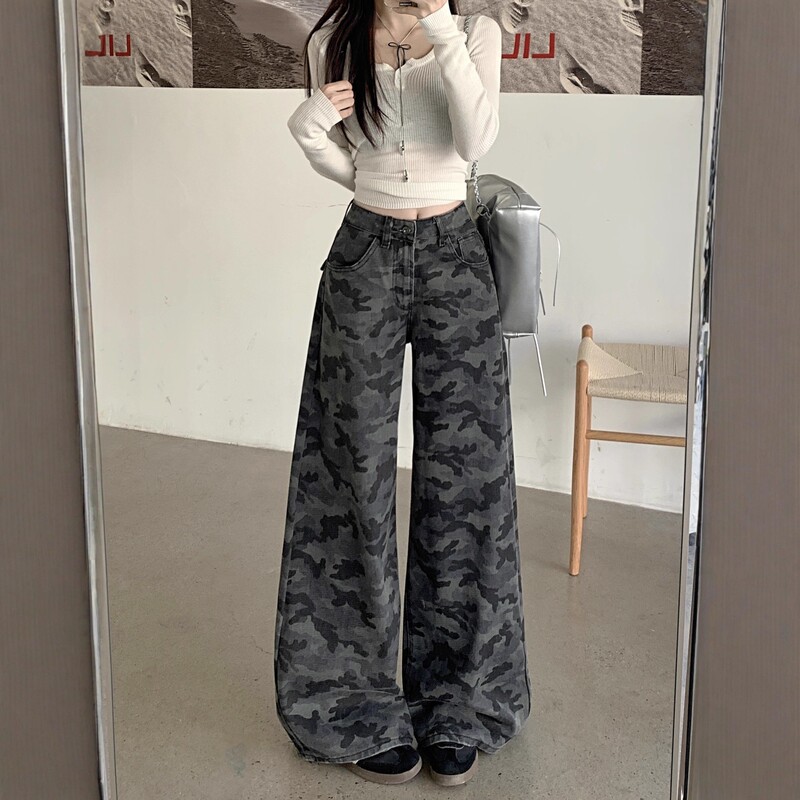 美式复古迷彩裤牛仔裤阔腿裤女秋季高腰小众宽松休闲拖地裤直筒裤|undefined