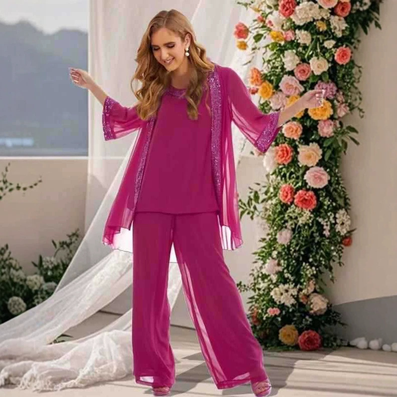 European and American plus-size mother's banquet three-piece set: chiffon sequin cardigan top, wide-leg pants, formal dress for weddings and parties European and American plus-size mother's banquet three-piece set: chiffon sequin cardigan top, wide-leg pants, formal dress for weddings and parties
