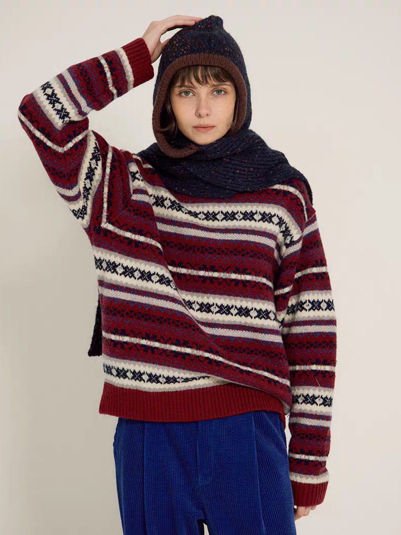 2025年秋新作 韓国東大門シエ*ネ風 レトロでスリムなコントラストカラーのジャカードニットセーター