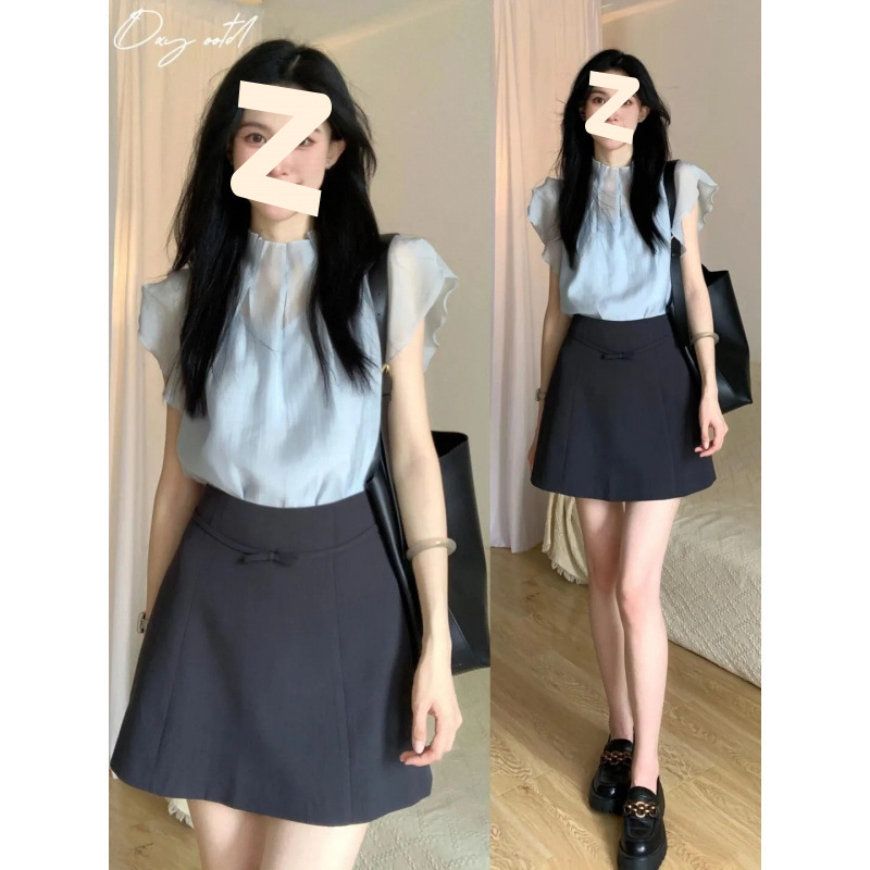 气质穿搭女夏季法式名媛小飞袖打底上衣搭配高腰半身裙三件套装…